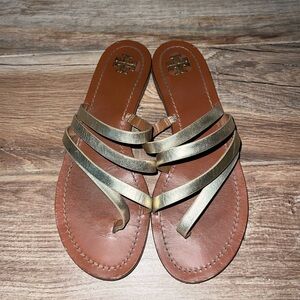 TORY BURCH Metallic Gold Patos Strappy Leather Slide Sandals